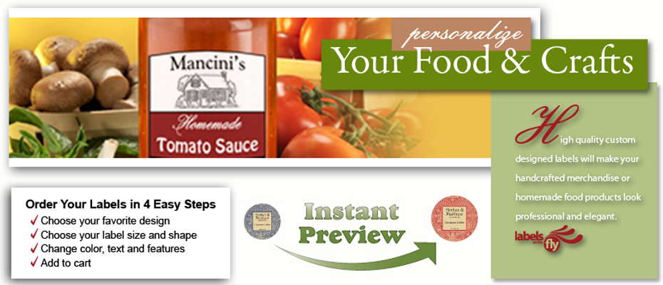 Custom Design food labels and craft stickers adhere to glass, metal, plastic, wood, paper wax, cellophane, fabric