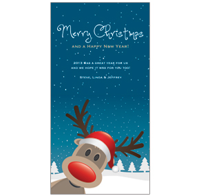 Christmas Rudolph Peeking In Corner Cards  4" x 8" w-envelope