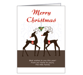 Christmas Two Reindeer Under Mistletoe Cards  5.50" x 7.875" w-envelope