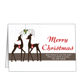 Christmas Two Reindeer Under Mistletoe Cards  7.875" x 5.50"  w-envelope