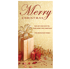 Christmas Card w-Envelope 4" x 8" Deck the Halls Christmas Confetti and Presents Ribbon Bows Business style