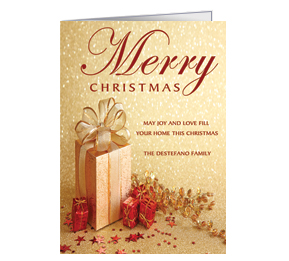 Christmas Card w-Envelope 5.50" x 7.875" Deck the Halls Christmas Confetti and  Presents Ribbon Bows Business Style