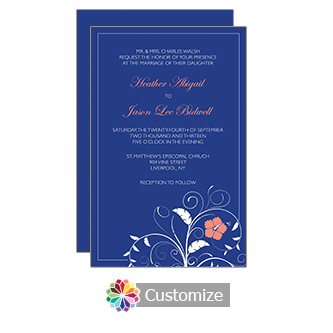 Navy Blue Floral 5 x 7.875 Flat Card Wedding Invitation