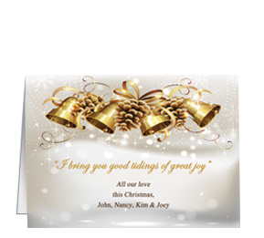 Christmas Card w-Envelope 7.875" x 5.50" Good Tidings Gold Bells Ornaments Business Style