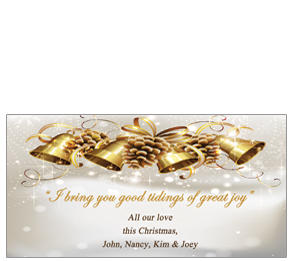 Christmas Card w-Envelope 8" x 4" Good Tidings Gold Bells Ornaments Business style