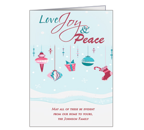 Christmas Card w-Envelope 5.50" x 7.875" Love Joy and Peace Ornaments Business Style