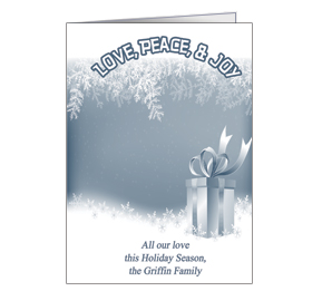 Christmas Card w-Envelope 5.50" x 7.875" Love Peace and Joy Present in the Snow Presents Ribbon Bows Business Style