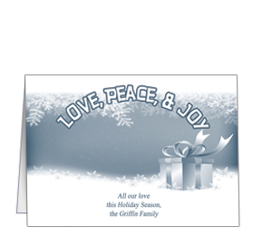 Christmas Card w-Envelope 7.875" x 5.50" Love Peace and Joy Present in the Snow Presents Ribbon Bows Business Style