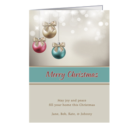 Christmas Card w-Envelope 5.50" x 7.875" Three Twinkling Ribbon Ornaments Business Style