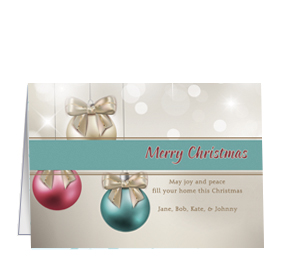 Christmas Card w-Envelope 7.875" x 5.50" Three Twinkling Ribbon Ornaments Business Style