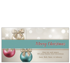 Christmas Card w-Envelope 8" x 4" Three Twinkling Ribbon Ornaments Business style