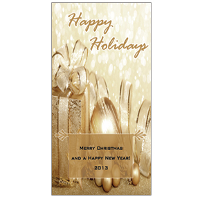 Christmas Card w-Envelope 4" x 8" Tis the Season Gold Presents Ribbon Bows Business style