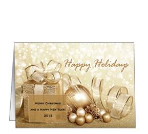 Christmas Card w-Envelope 7.875" x 5.50" Tis the Season Gold Ribbon and Presents Ribbon Bows Business Style