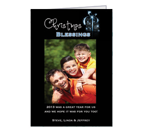 Christmas Card w-Envelope 5.50" x 7.875" Christmas Black Sparkly Snowflake Presents Ribbon Bows Family Style