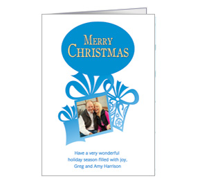 Christmas Card w-Envelope 5.50" x 7.875" Blue Snowflakes Ornament Presents Ribbon Bows Family Style