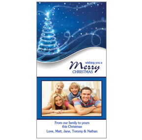 Blue Swirl Christmas Tree with Photo Upload Card w-Envelope 4" x 8" family style