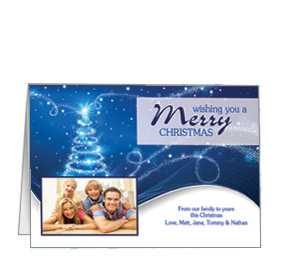 Blue Swirl Christmas Tree with Photo Upload w-Envelope 7.875" x 5.50" family style