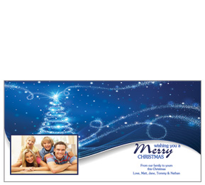 Blue Swirl Christmas Tree with Photo Upload Card w-Envelope 8" x 4" family style