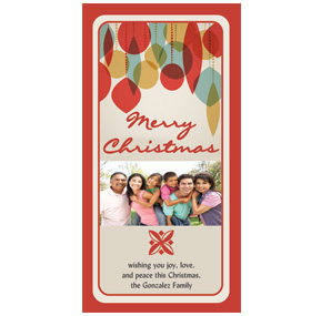 Christmas Card w-Envelope 4" x 8" Feliz Navidad Ornaments Family Style