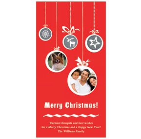 Christmas Card w-Envelope 4" x 8" Jolly Hanging Ornaments Family Style