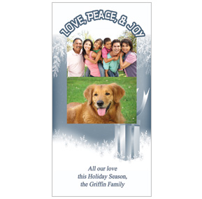 Christmas Card w-Envelope 4" x 8" Love Peace and Joy Presents Ribbon Bows Family style