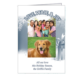 Christmas Card w-Envelope 5.50" x 7.875" Love Peace and Joy Presents Ribbon Bows Family Style