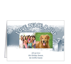 Christmas Card w-Envelope 7.875" x 5.50" Love Peace and Joy Presents Ribbon Bows Family Style