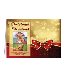 Christmas Card w-Envelope 7.875" x 5.50" Red and Gold Presents Ribbon Bows Family Style