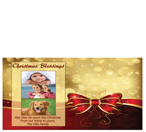 Christmas Card w-Envelope 8" x 4" Red and Gold Presents Ribbon Bows Family style