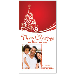 Red and White Curly Christmas Tree with Personalized Photo Card w-Envelope 4" x 8" family style