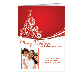 Red and White Curly Christmas Tree Card with Personalized Photo w-Envelope 5.50" x 7.875" family style