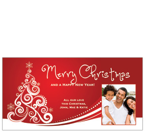 Red and White Curly Christmas Tree with Personalized Photo Card w-Envelope 8" x 4" family style