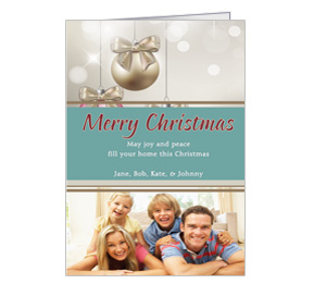 Christmas Card w-Envelope 5.50" x 7.875" Three Twinkling Ribbon Ornaments Family Style