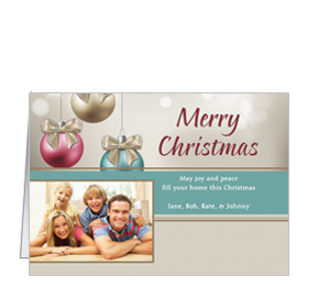 Christmas Three Twinkling Ribbon Ornaments Cards with photo, custom text and color 7.875" x 5.50" Envelope included 