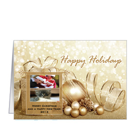 Christmas Card w-Envelope 7.875" x 5.50" Tis the Season Gold Ribbon and Presents Ribbon Bows Family Style