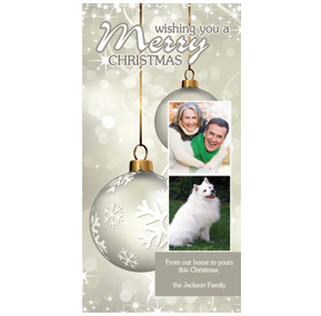 Christmas Card w-Envelope 4" x 8" Two Dangling Ornaments Family Style