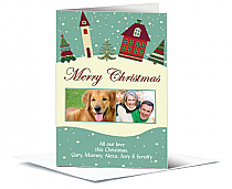 Red and Green Hillside Christmas Village Cards with multiple photo 5.50" x 7.875" w-envelope 