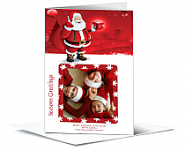 Christmas Red Snowflakes and Santa with Family Photo Upload Greeting Card 5.50" x 7.875"  w-Envelope