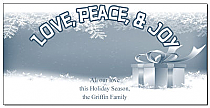 Christmas Card w-Envelope 8" x 4" Love Peace and Joy Present in the Snow Presents Ribbon Bows Business style