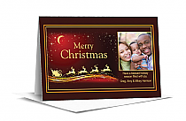 Red Moonlight Night Time Santa Sleigh with Custom Photo Christmas Card w-Envelope 7.875" x 5.50" family style