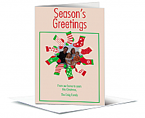 Seasons Greetings Stocking Wreath Photo Upload Christmas Card w-Envelope 5.50" x 7.875" family style